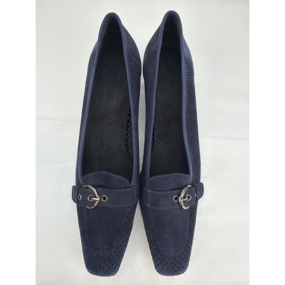 Stuart Weitzman Pumps 9N Navy Suede Perforated Block Heel Buckle Spain